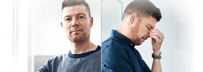 Side by side images of a man happy and sad