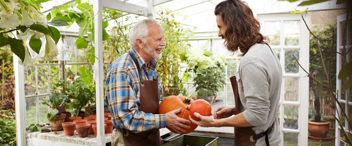 Deux hommes heureux souriants et tenant des citrouilles dans leurs mains.